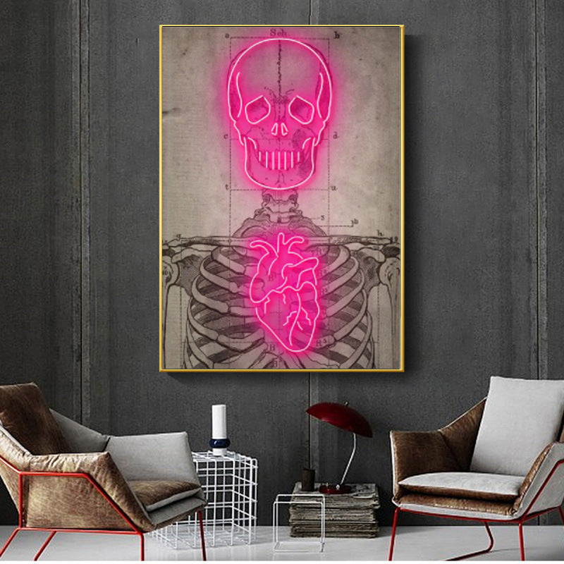Abstract Neon Heart Skeleton Painting
