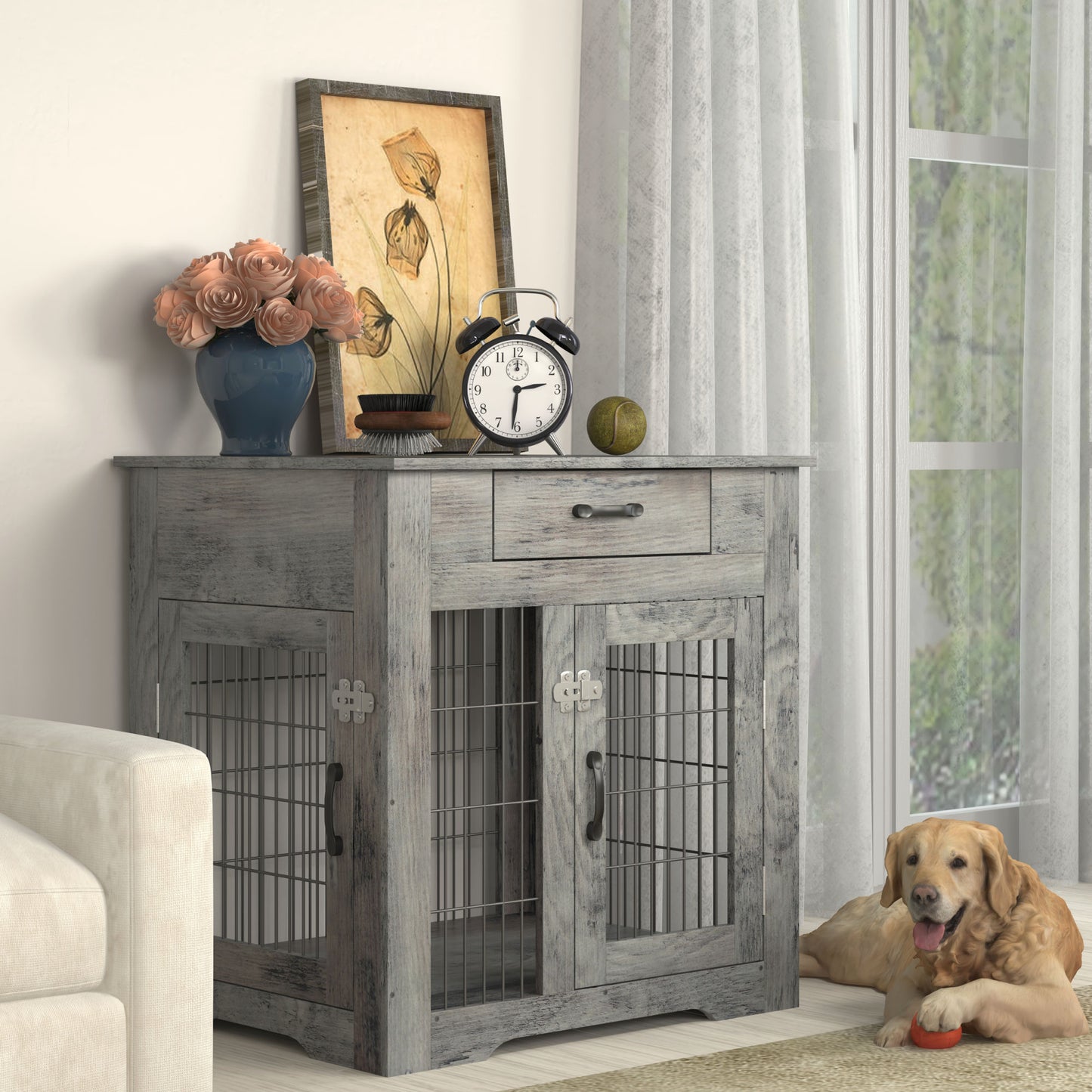 Furniture Style Dog Crate End Table with Drawer, Pet Kennels with Double Doors, Dog House Indoor Use, Weathered Grey - Offbeat Abode and Unique Beats
