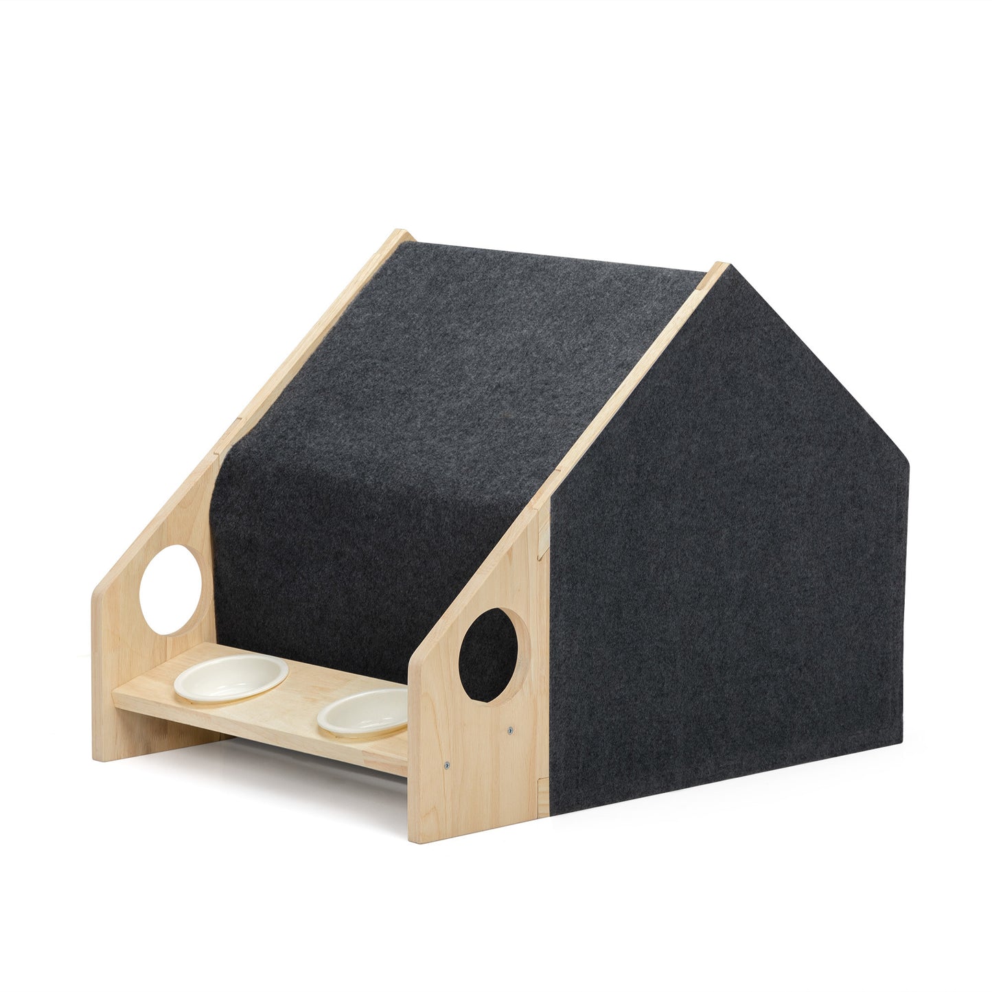 2-In-1 Wood Dog House Indoor; Cabin Dog Kennel with Cushioned Bed; Cover Scratcher; Feeding Bowls; Pet Habitat for Cats; Small and Medium Dogs; Natural and Gray - Offbeat Abode and Unique Beats