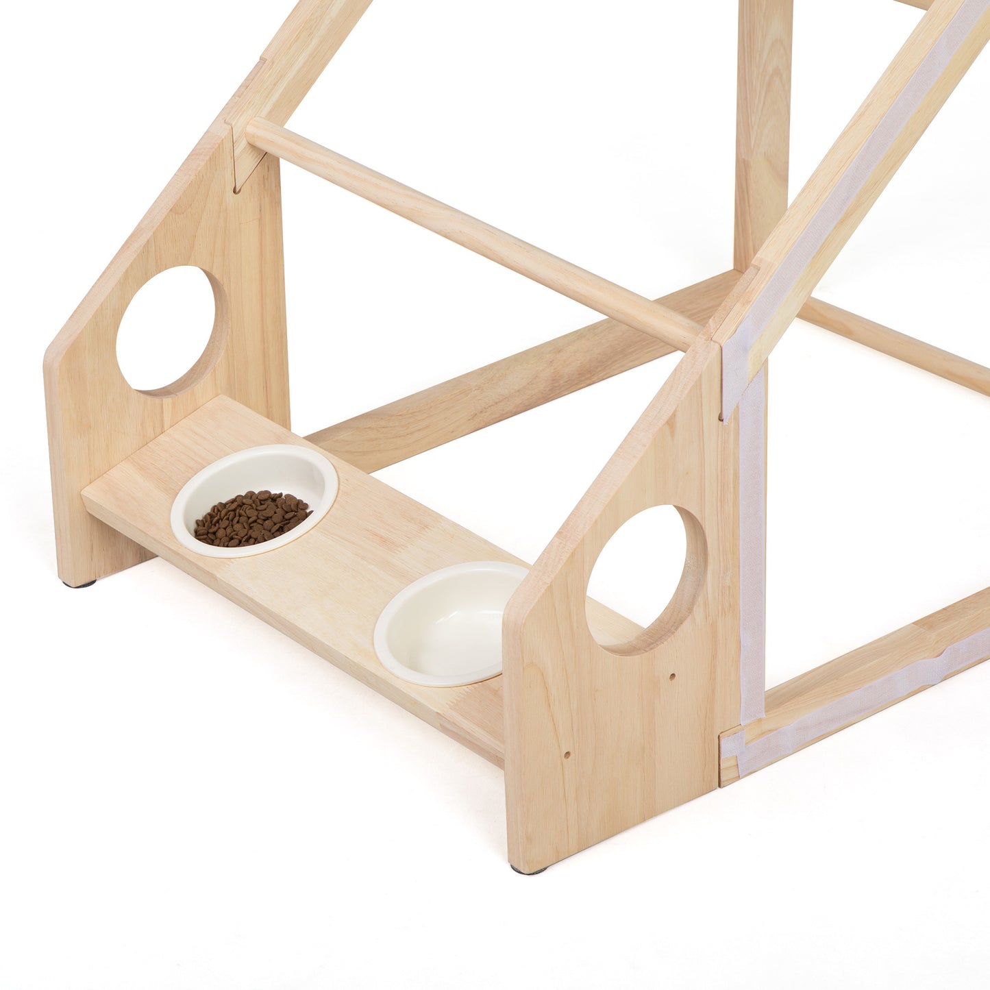 2-In-1 Wood Dog House Indoor; Cabin Dog Kennel with Cushioned Bed; Cover Scratcher; Feeding Bowls; Pet Habitat for Cats; Small and Medium Dogs; Natural and Gray - Offbeat Abode and Unique Beats