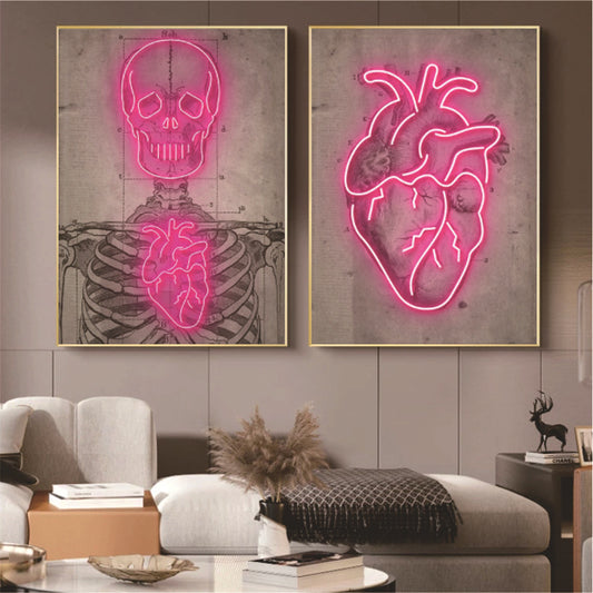 Abstract Neon Heart Skeleton Painting