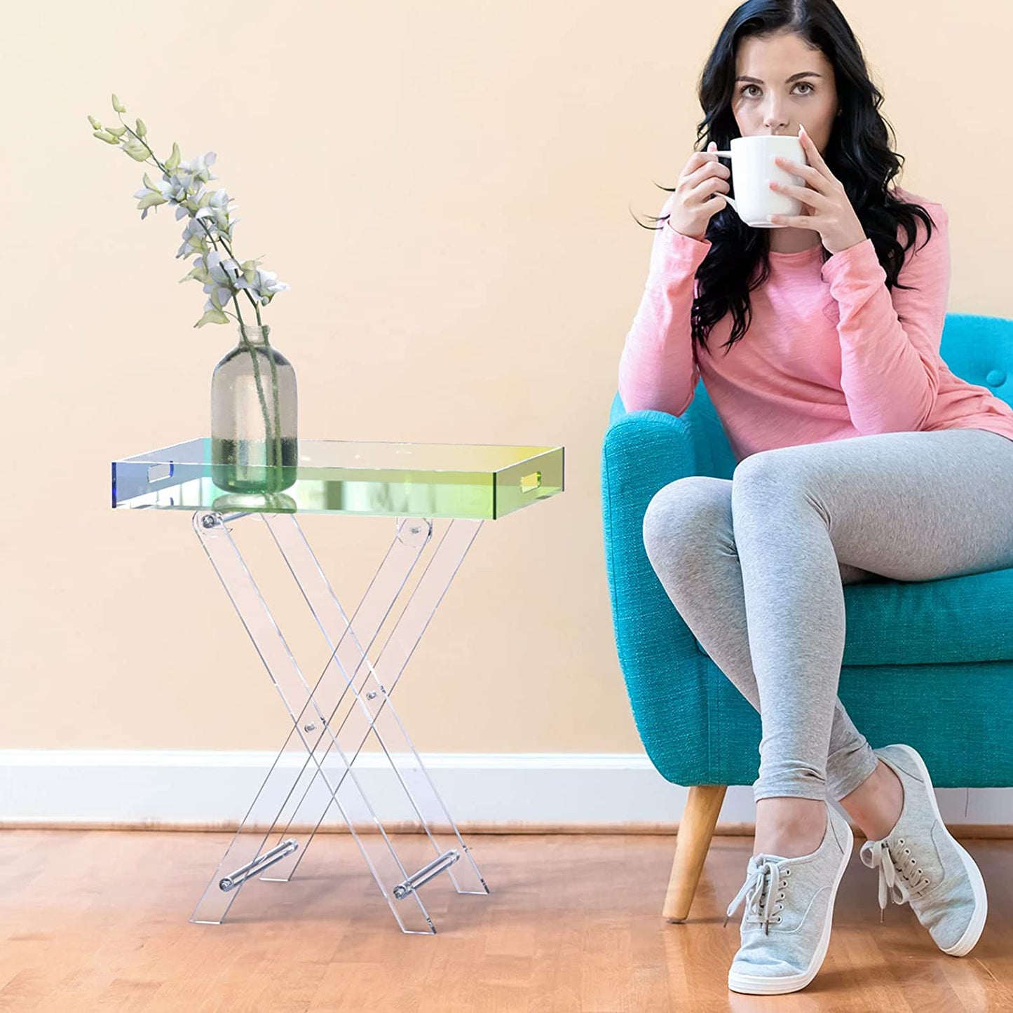 Acrylic Iridescent Coffee Table, Folding Tray End Table