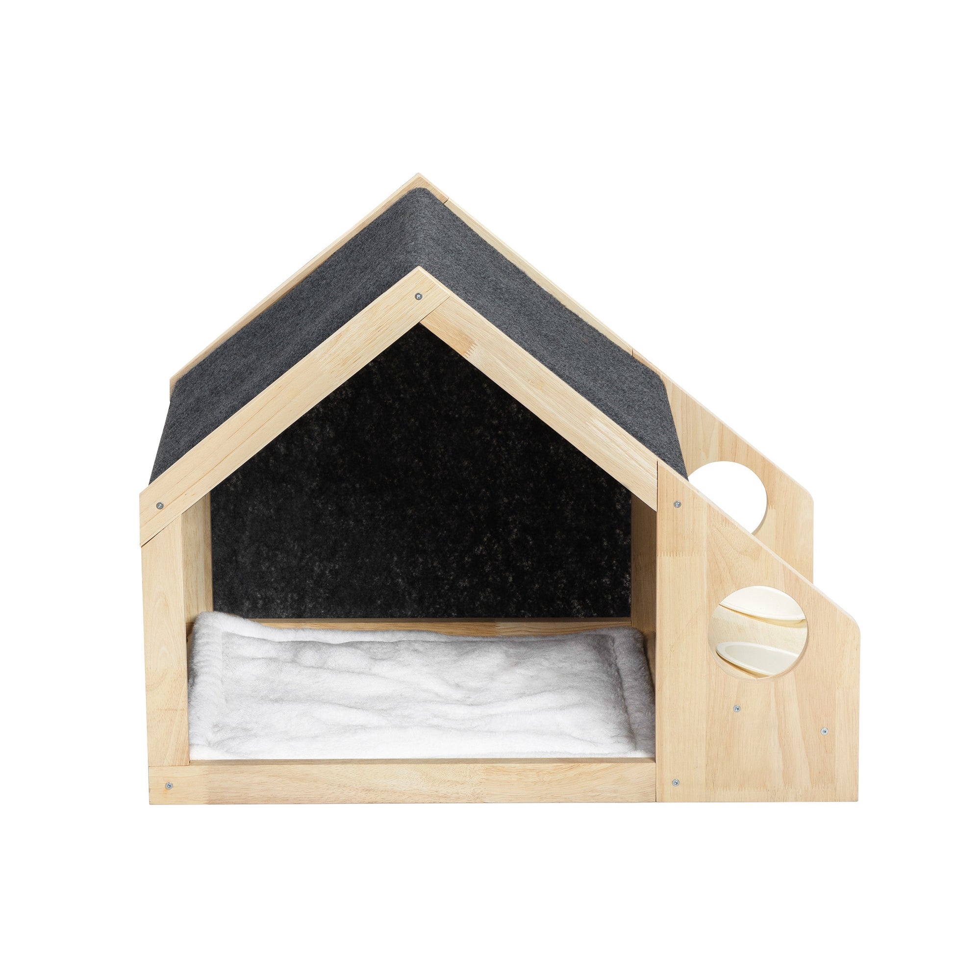 2-In-1 Wood Dog House Indoor;  Cabin Dog Kennel with Cushioned Bed;  Cover Scratcher;  Feeding Bowls;  Pet Habitat for Cats;  Small and Medium Dogs;  Natural and Gray - Offbeat Abode and Unique Beats