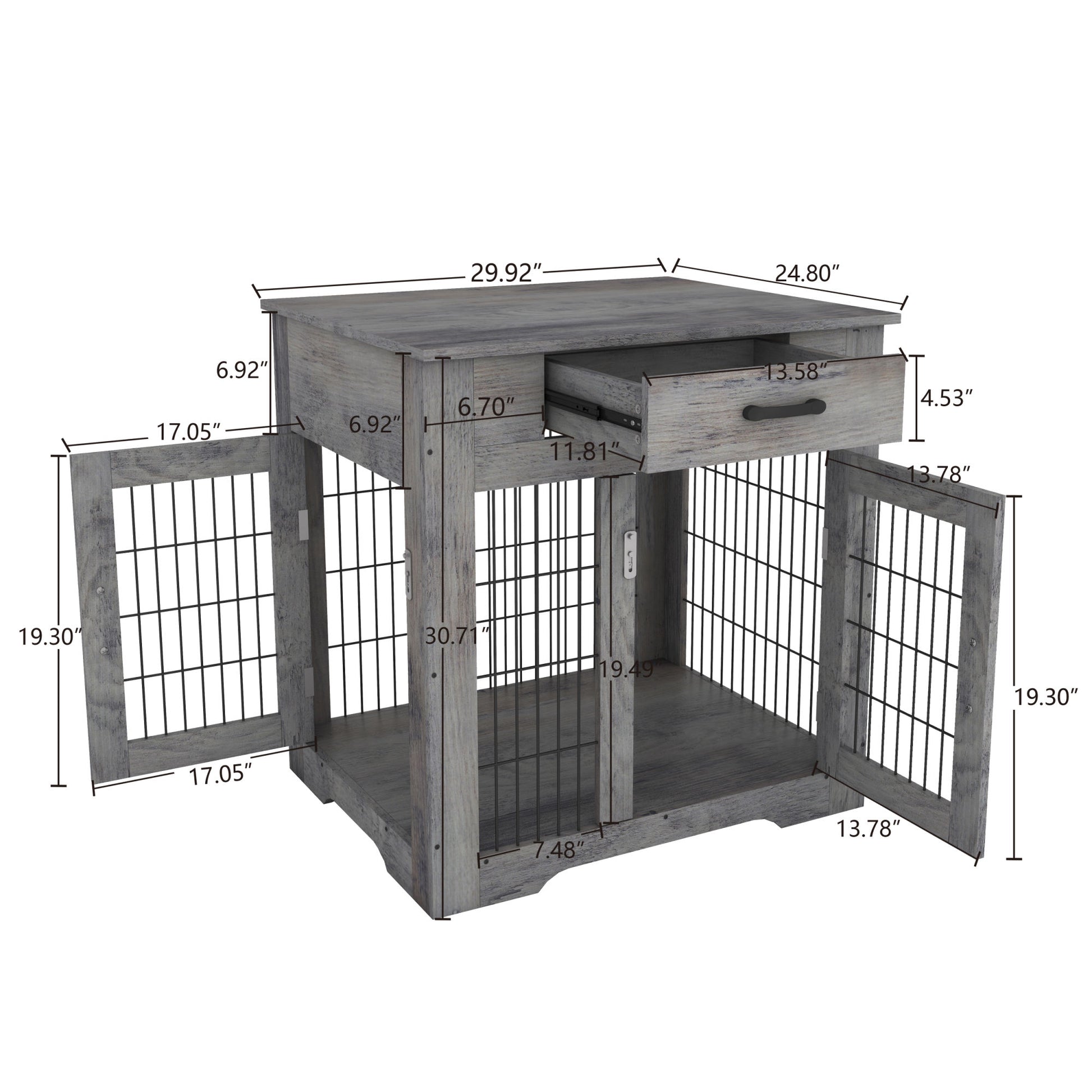 Furniture Style Dog Crate End Table with Drawer, Pet Kennels with Double Doors, Dog House Indoor Use, Weathered Grey - Offbeat Abode and Unique Beats