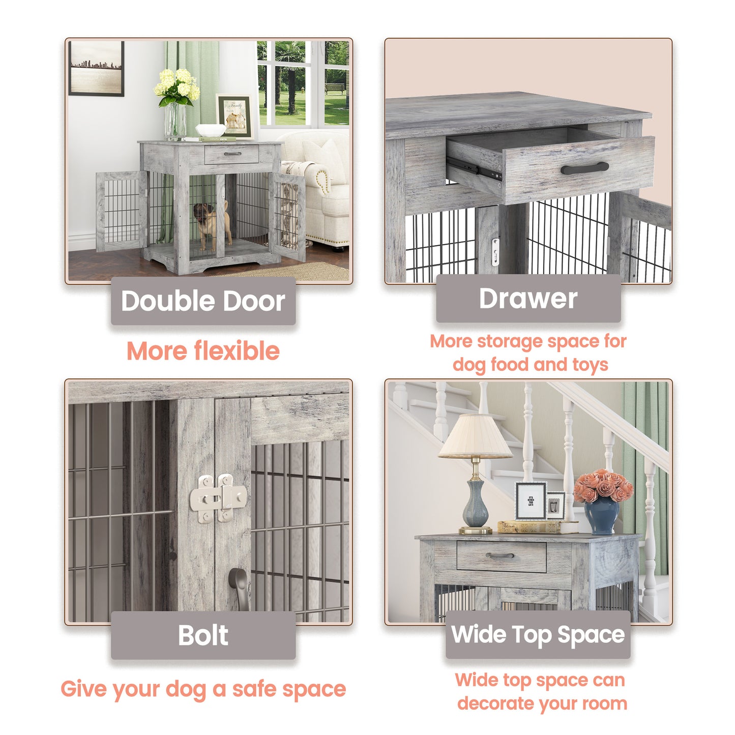 Furniture Style Dog Crate End Table with Drawer, Pet Kennels with Double Doors, Dog House Indoor Use, Weathered Grey - Offbeat Abode and Unique Beats