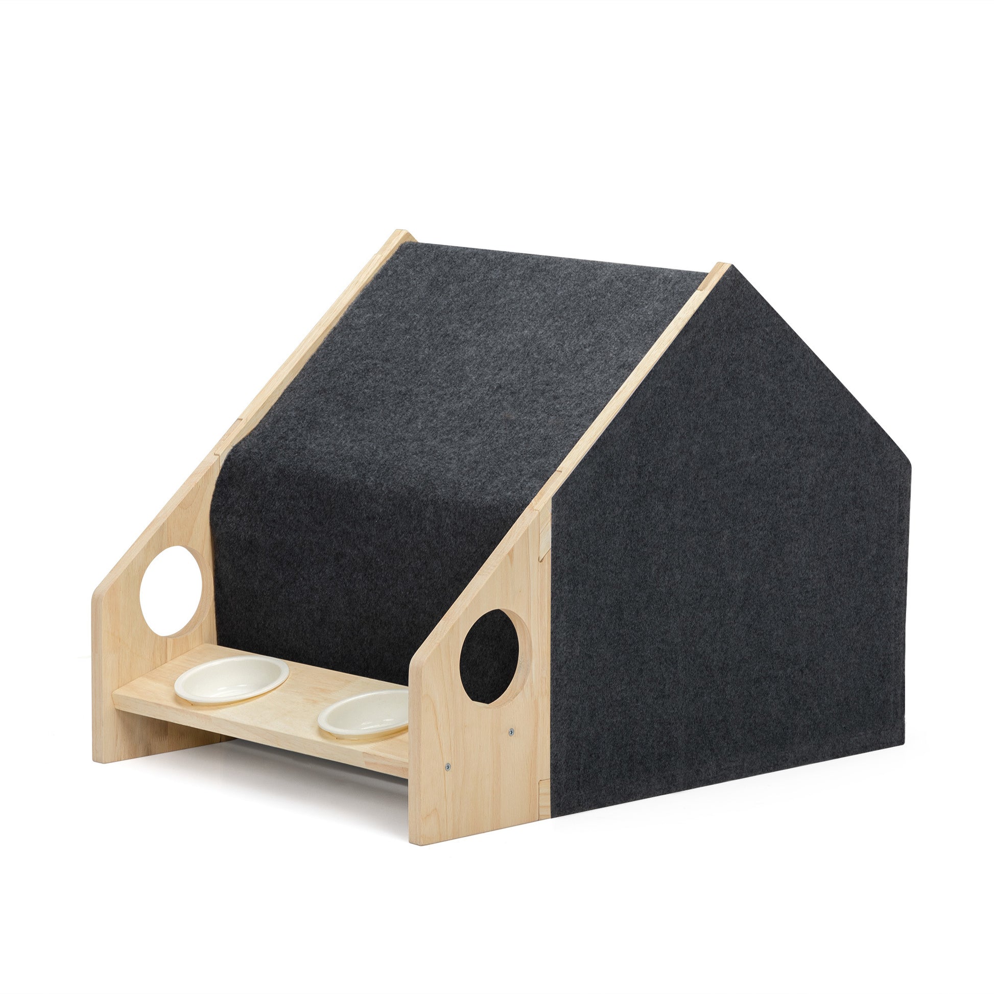 2-In-1 Wood Dog House Indoor;  Cabin Dog Kennel with Cushioned Bed;  Cover Scratcher;  Feeding Bowls;  Pet Habitat for Cats;  Small and Medium Dogs;  Natural and Gray - Offbeat Abode and Unique Beats