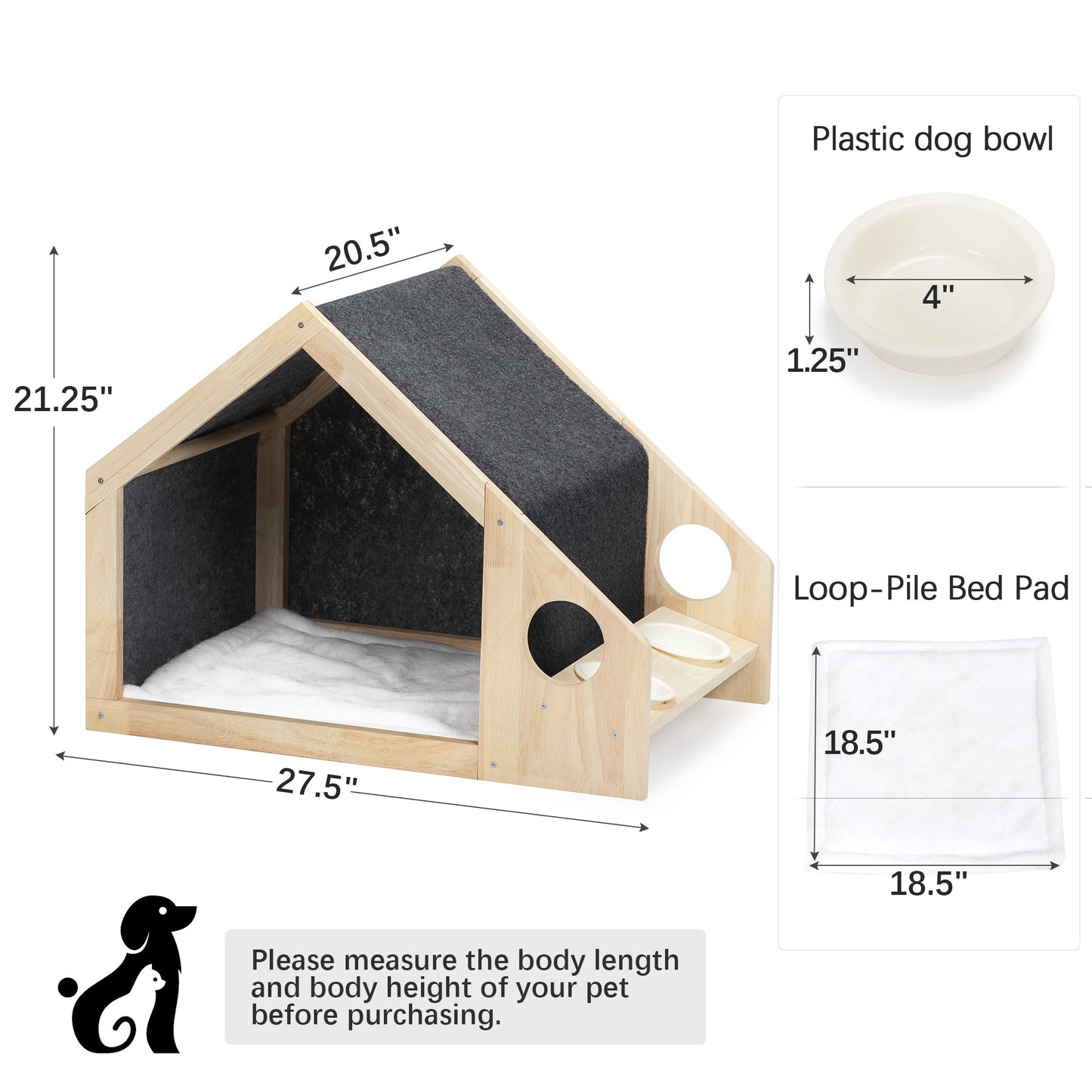 2-In-1 Wood Dog House Indoor;  Cabin Dog Kennel with Cushioned Bed;  Cover Scratcher;  Feeding Bowls;  Pet Habitat for Cats;  Small and Medium Dogs;  Natural and Gray - Offbeat Abode and Unique Beats