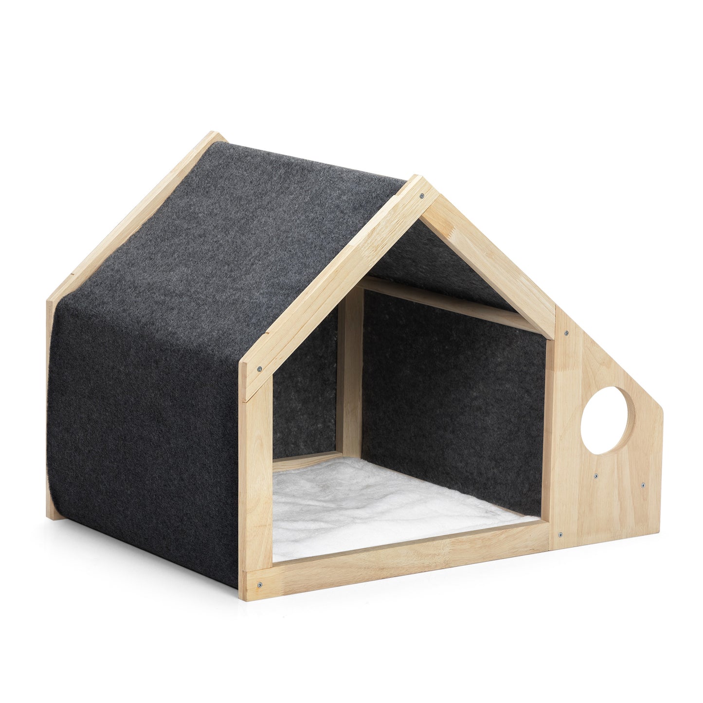 2-In-1 Wood Dog House Indoor;  Cabin Dog Kennel with Cushioned Bed;  Cover Scratcher;  Feeding Bowls;  Pet Habitat for Cats;  Small and Medium Dogs;  Natural and Gray - Offbeat Abode and Unique Beats